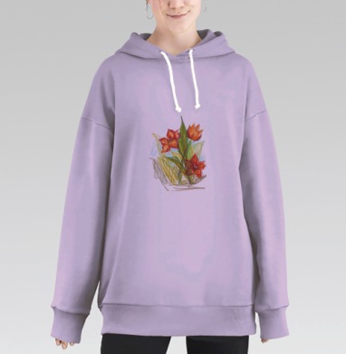 Красные цветы на зеленых листьях весенней свежести, Hoodie Long Oversize Fiolet