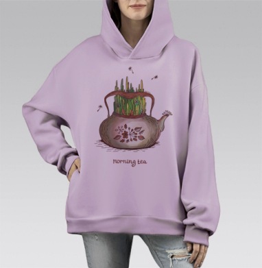 Чайник с кактусами в акварельном стиле, Hoodie Mono Fiolet, оверсайз, утепленная