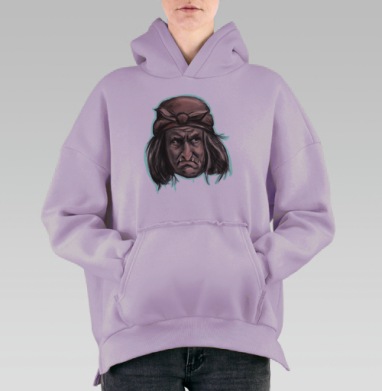 Лицо Бабы Яги с мрачным взглядом на сером фоне, Hoodie Oversize Fiolet, утепленная
