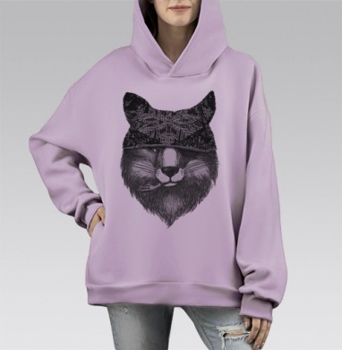 Лис бандит в яркой шапке, Hoodie Mono Fiolet, оверсайз, утепленная