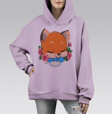 Лис и цветы, Hoodie Mono Fiolet, оверсайз, утепленная