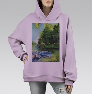 Лодки на лодочной станции в парке, Hoodie Mono Fiolet, оверсайз, утепленная