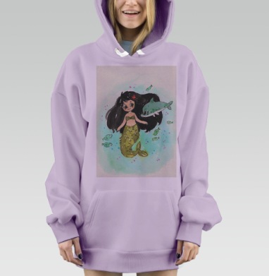 Маленькая русалка с дружелюбным дельфином на фоне моря, Hoodie Mjhigh Dig Mel, Fiolet, утепленная