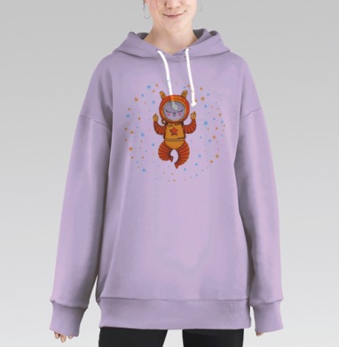 Медитирующий космонавт в оранжевом костюме среди звёзд, Hoodie Long Oversize Fiolet