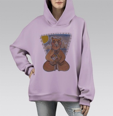 Медитирующий медведь с ловцом снов и рыбой, Hoodie Mono Fiolet, оверсайз, утепленная