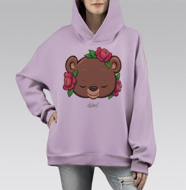 Медведь и пионы, Hoodie Mono Fiolet, оверсайз, утепленная