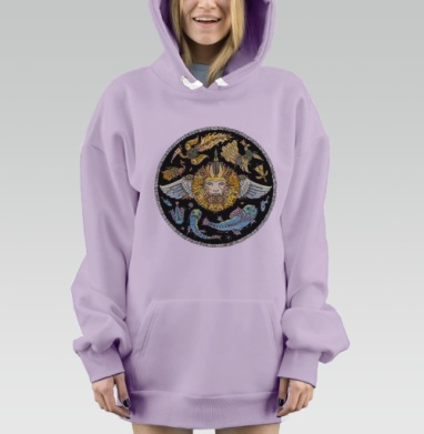 Мифологическое Существо с Крыльями и Рыбами на Черном фоне, Hoodie Mjhigh Dig Mel, Fiolet, утепленная