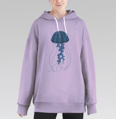Милая улыбающаяся медуза в плавных синих тонах, Hoodie Long Oversize Fiolet