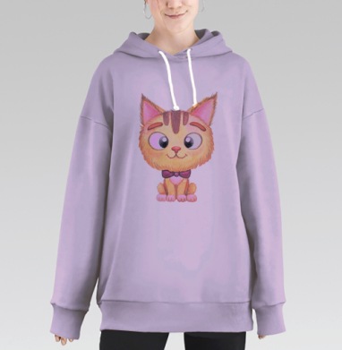 Милый котик с фиолетовым бантом сидит спокойно, Hoodie Long Oversize Fiolet