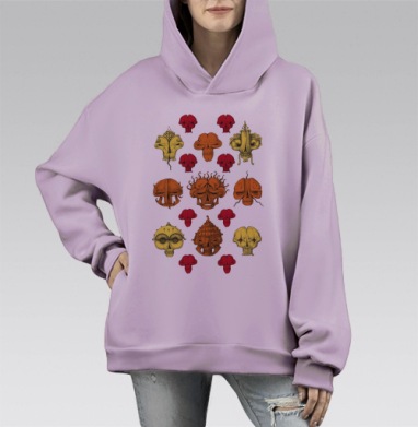 Мистические черепа с абстрактными элементами на красно чёрном фоне, Hoodie Mono Fiolet, оверсайз, утепленная