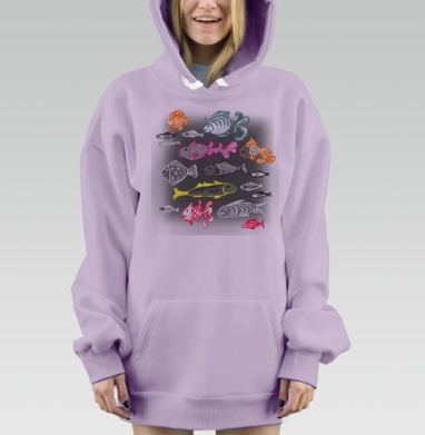 Морские яркие разноцветные рыбы на темном фоне в движении, Hoodie Mjhigh Dig Mel, Fiolet, утепленная