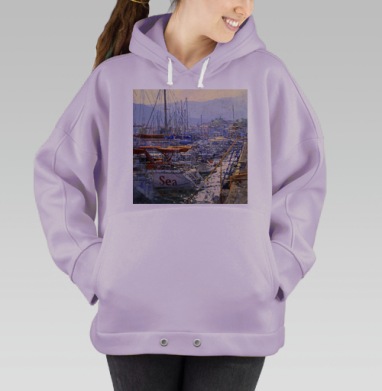Морской вид с яхтами и причалом в тумане, Hoodie Oversize Fiolet