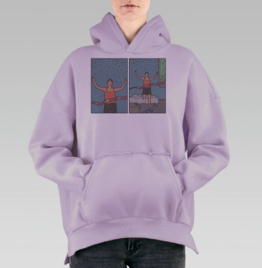 Мужчина преодолевает цель с иронией в комнате с финишной ленточкой, Hoodie Oversize Fiolet, утепленная