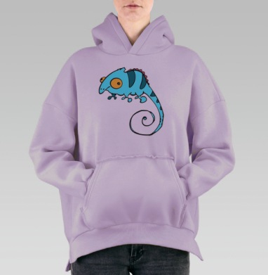 Мультяшный голубой хамелеон весело играющий, Hoodie Oversize Fiolet, утепленная