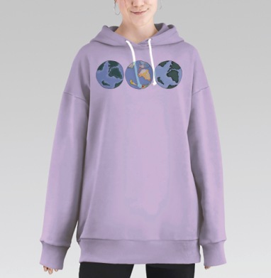 Наивное изображение планеты Земля триптих с элементами акварели триптих, Hoodie Long Oversize Fiolet