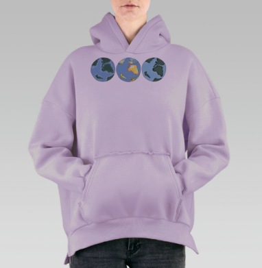 Наивное изображение планеты Земля триптих с элементами акварели триптих, Hoodie Oversize Fiolet, утепленная