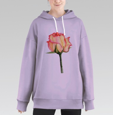 Нежная роза розового цвета на зеленой ветке, Hoodie Long Oversize Fiolet