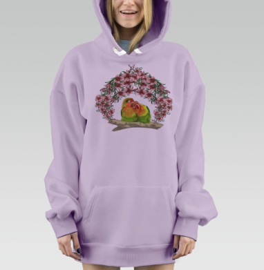 Нежность попугаев среди розовых лилий на ветке, Hoodie Mjhigh Dig Mel, Fiolet, утепленная
