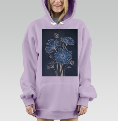 Нежные синие цветы на темном фоне спокойствие вдохновение умиротворение, Hoodie Mjhigh Dig Mel, Fiolet, утепленная