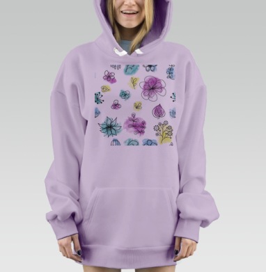 Нежный цветочный орнамент в пастельных оттенках свободных форм, Hoodie Mjhigh Dig Mel, Fiolet, утепленная