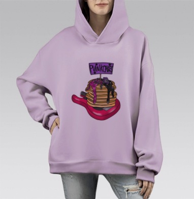 Неоновая гитара с панкейками и панковской надписью на сиреневом фоне, Hoodie Mono Fiolet, оверсайз, утепленная