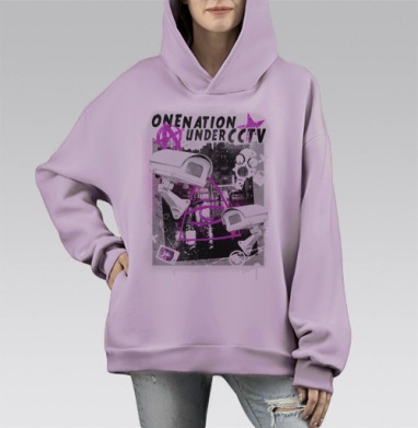 Одна нация под видеонаблюдением с граффити и камерами, Hoodie Mono Fiolet, оверсайз, утепленная