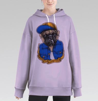 Опасный бульдог в синей одежде с надписью Super And Dangerous, Hoodie Long Oversize Fiolet