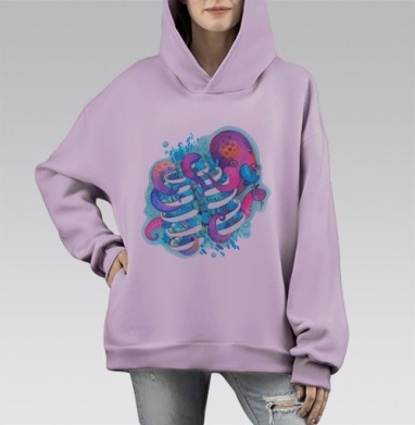 Осьминог и ребра, Hoodie Mono Fiolet, оверсайз, утепленная