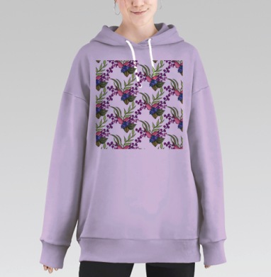 Осенние ягоды на ветках с листьями на сером фоне, Hoodie Long Oversize Fiolet