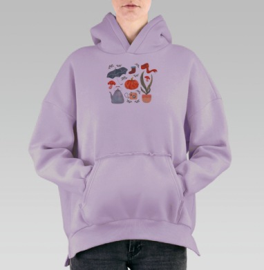 Осенний уют с тыквой и зонтом на сером фоне, Hoodie Oversize Fiolet, утепленная