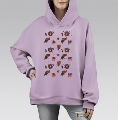 Паттерн из мороженного и десертов, Hoodie Mono Fiolet, оверсайз, утепленная