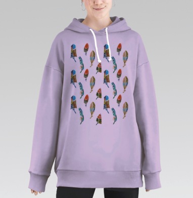 Паттерн с перьями, акварель, Hoodie Long Oversize Fiolet