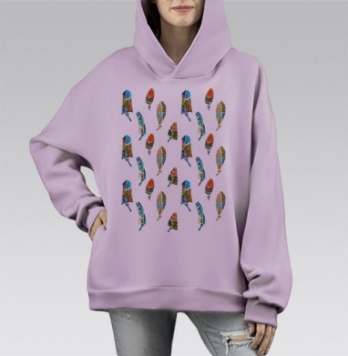 Паттерн с перьями, акварель, Hoodie Mono Fiolet, оверсайз, утепленная