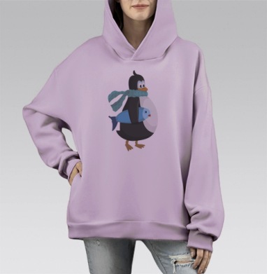 Пингвин в шарфе с рыбой, Hoodie Mono Fiolet, оверсайз, утепленная