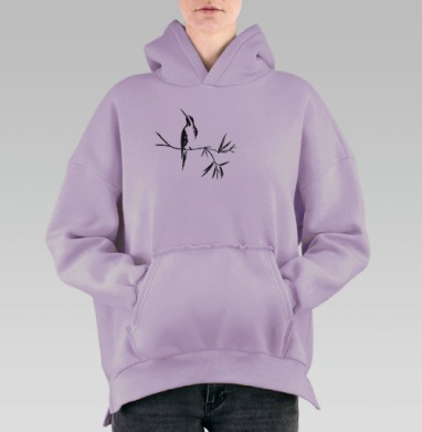 Птица на ветке в стиле Восточная живопись, Hoodie Oversize Fiolet, утепленная