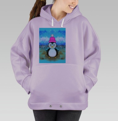 Пухлый маленький пингвинёнок в яркой шапке гуляющий по полю, Hoodie Oversize Fiolet
