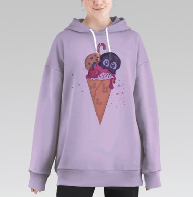 Разноцветное мороженое с черной каплей и вишней в рожке, Hoodie Long Oversize Fiolet