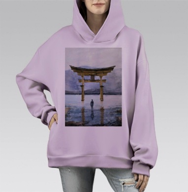 Ритуальные японские ворота переход через воду, Hoodie Mono Fiolet, оверсайз, утепленная