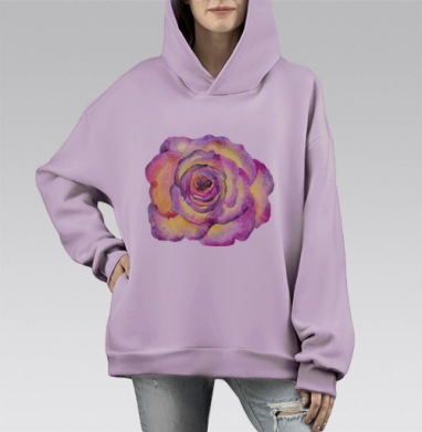 Розовая роза, акварель, Hoodie Mono Fiolet, оверсайз, утепленная