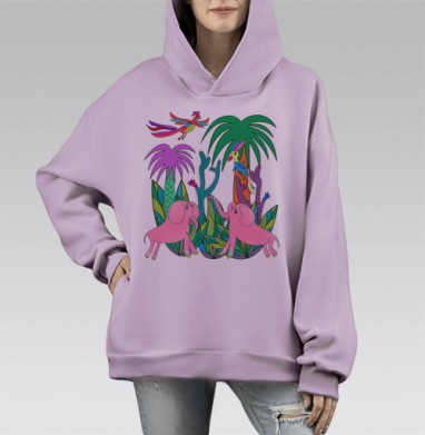 Розовые слоны птицы пальмы на салатовом фоне, Hoodie Mono Fiolet, оверсайз, утепленная