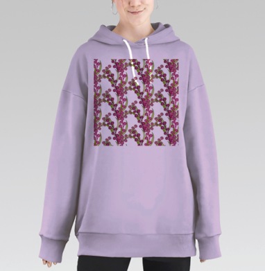 Розовые ягоды с зелёными листьями на сером фоне цветочный узор, Hoodie Long Oversize Fiolet