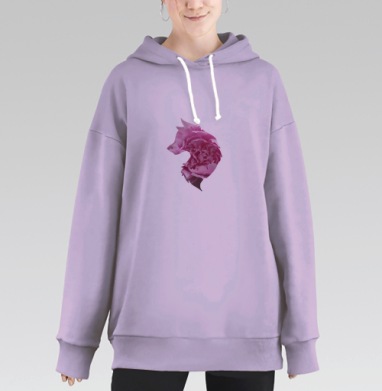 Розовый силуэт волка с пионовым цветком, Hoodie Long Oversize Fiolet