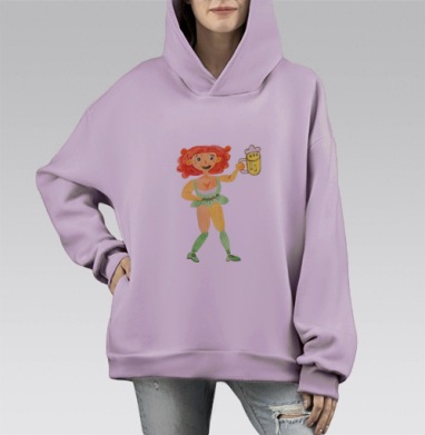 Рыжая девушка с пивом куинтэссенция веселья вечеринок, Hoodie Mono Fiolet, оверсайз, утепленная