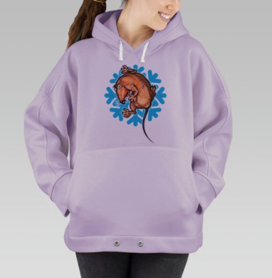 Рыжая крыса в испуге на фоне снежинки зимняя сцена весело, Hoodie Oversize Fiolet
