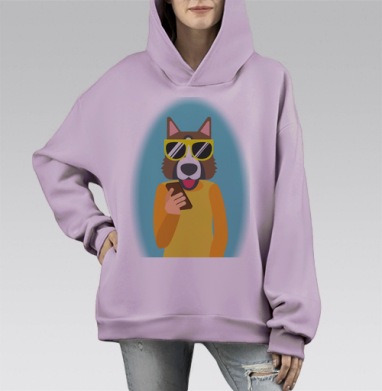 Модный персонаж с собакой и смартфоном в желтом стиле, Hoodie Mono Fiolet, оверсайз, утепленная