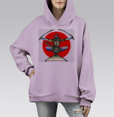 Самурай держит мечи на красном фоне самооборона боевой, Hoodie Mono Fiolet, оверсайз, утепленная