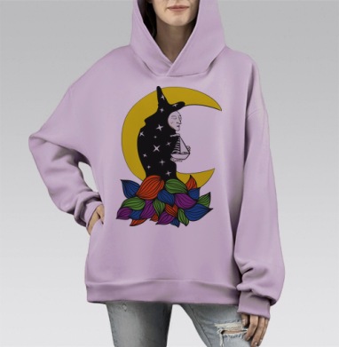 Силуэт мечты в звёздной ночи с корабликом, Hoodie Mono Fiolet, оверсайз, утепленная