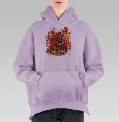 Символ силы протеста на фоне энергичных форм и надписей SALOODS OUT OF RANGE, Hoodie Oversize Fiolet, утепленная