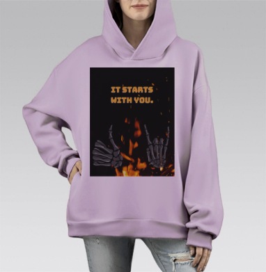 Скелетные руки и яркое пламя Skeleton Hands Fire мотив силы воли, Hoodie Mono Fiolet, оверсайз, утепленная