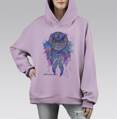 Сова ловец снов, Hoodie Mono Fiolet, оверсайз, утепленная